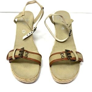 Tan fabric espadrilles wedge sandals, made in Spain, size 8